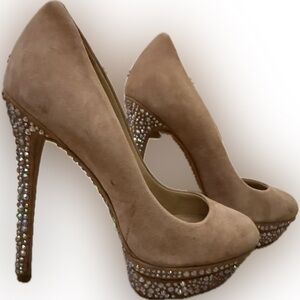 Brian Atwood Tan Suede Heels with Sparkling Accents
